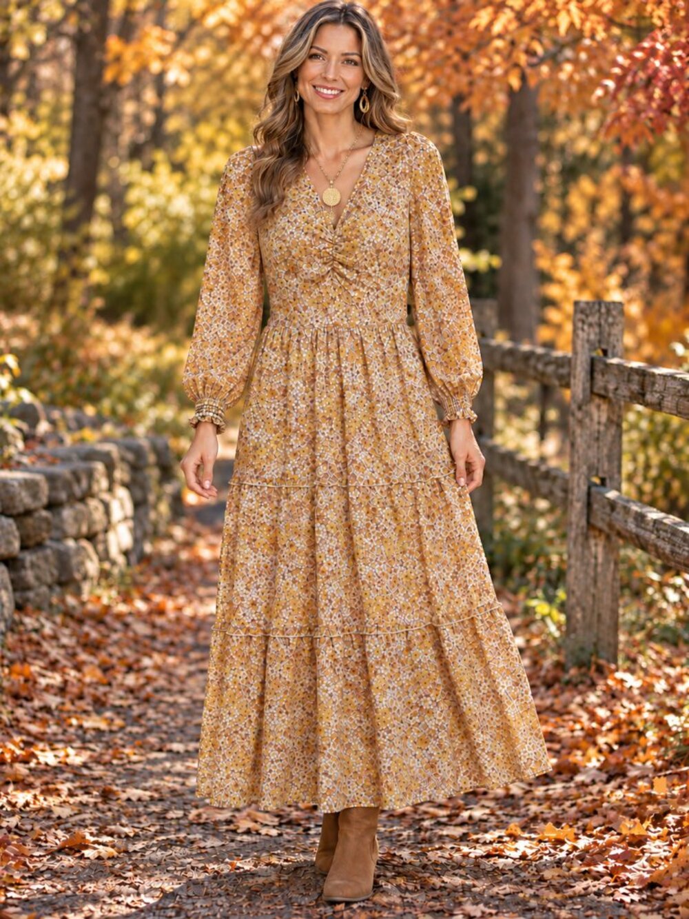 SINCERELY JULES Midi Dress Ditsy Yellow Floral, Lined, Smocking & Tie Back NWT L